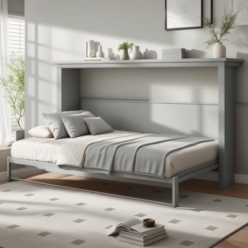 DNYN Queen Size Murphy Bed with Storage Drawer(Large) & Charging Station for Bedroom,Convertible Pinewood Wall Bedframe w/Stylish Cabinet Design