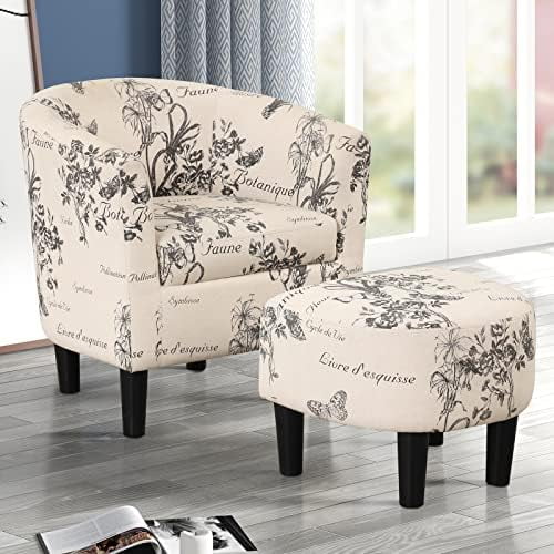 xrboomlife Modern Accent Chair with Ottoman  Upholstered Barrel Reading Chair with Foot   Comfy Fabric Armchairs for Living Room Bedroom Small Spaces