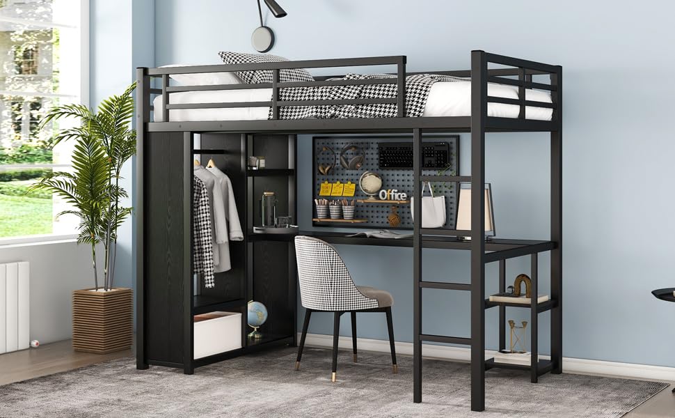 Bellamave Metal Loft Bed with Wardrobe and L-Shaped Desk, Full Size Loft Bed with Storage Cubes and Shelves, Heavy Duty LoftBed for Kids Teens Adults