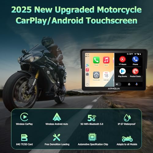 722 7-Inch Motorcycle GPS Navigation System with Apple CarPlay & Android Auto, Waterproof Touchscreen, Bluetooth, IP67 Waterproof for Motorbike