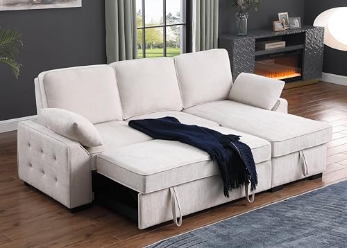 L-Shaped Pull Out Sleep Sofabed,Modern Reversible Sleeper Sectional Sofa Chenille Upholstered Button Tufted Decor with Storage Chaise