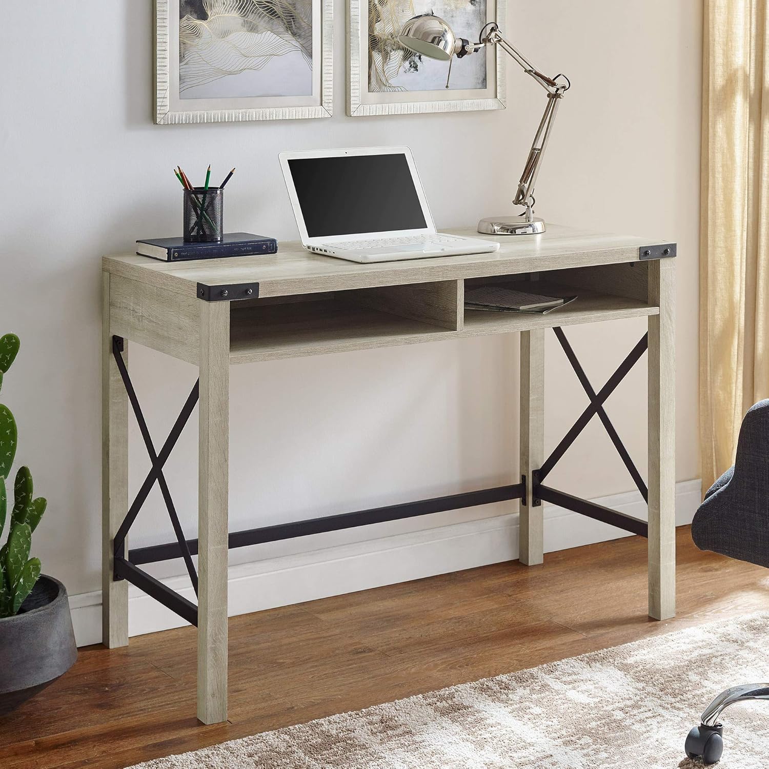 Walker Edison Callum Modern Farmhouse Metal X Writing Desk, 42 Inch, Grey Wash
