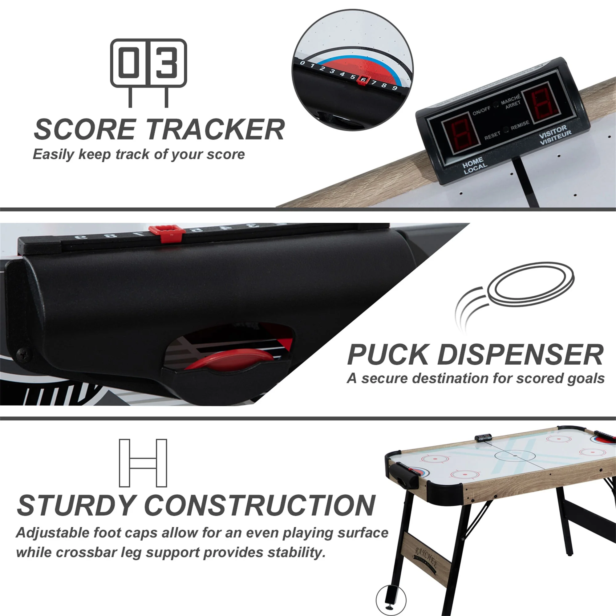 RayChee 48in Foldable Air Powered Hockey Table for Home Game Room w/ 2 Pucks, 2 Pushers, LED Scoreboard, 12V Motor (Oak)