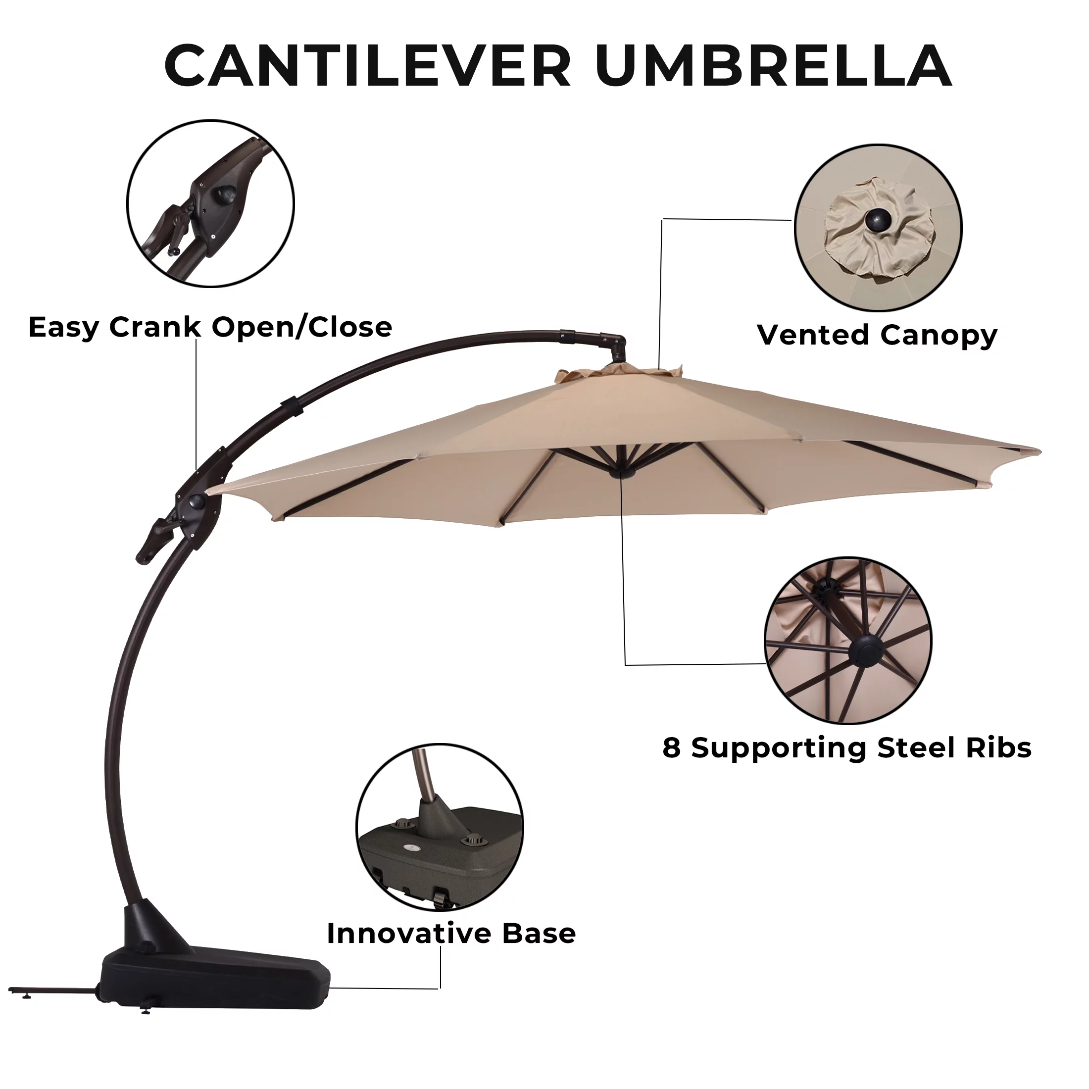 Grand Patio 11-Ft Outdoor Patio Umbrella with Base, Curved Offset Cantilever Umbrella Large w/360° Rotation Shade for Patio Pool Deck, Champagne