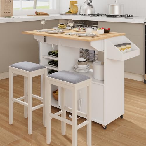 Rolling Kitchen Island with Drop Leaf & Power Outlet, Microwave Cart with Storage Cabinet, Drawer, Wine & Cup Holder, Spice & Towel Rack