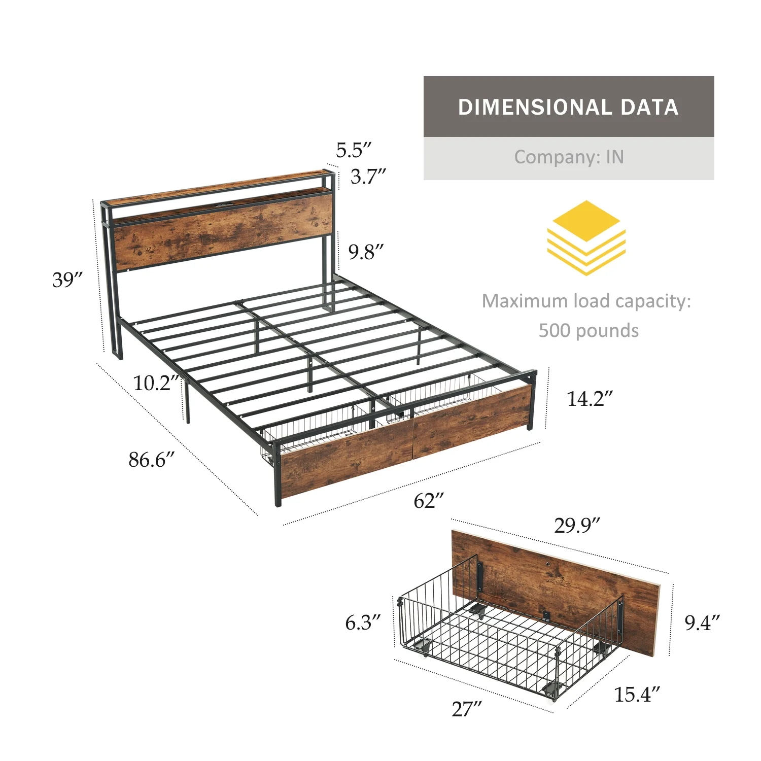 Tzicr QUEEN Size Bed Frame with Storage,Metal Platform Bed Frame with 2 Tier Storage Headboard and Electrical Outlet,USB Port Charging Station