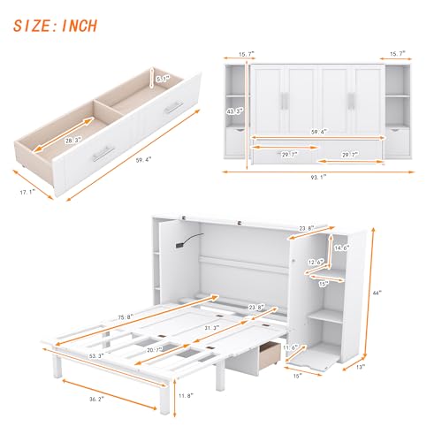 Queen Size Murphy Wall Bed with Storage, Bookcase Headboard, Solid Wood Cabinets, Shelves, Drawers and USB Ports