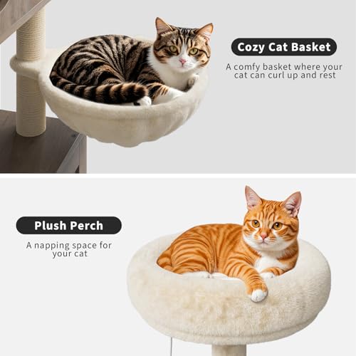 57.5-Inch Cat Tree with Litter Box Enclosure 2-in-1 Modern Cat Tower with Cat Condo/Hammock/Scratching Post/Plush Perch/Removable Pompom Sticks/Caves