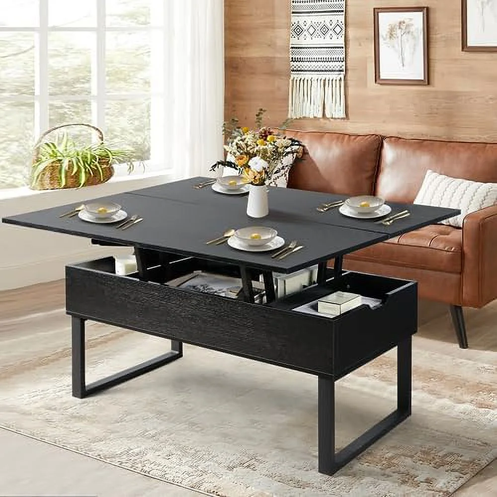 RUNFAYBIU Lift Top Coffee Table  4 in 1 Multi-  with  for Living Room  Modern Lift Dining Table with Shelves for Dining Reception Room  Rustic Brown