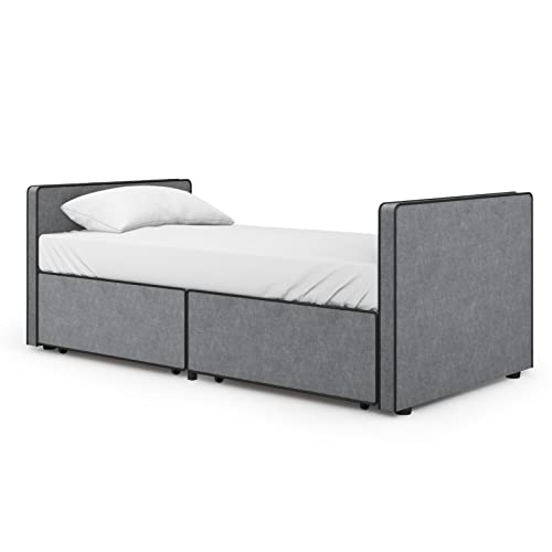 DG Casa Caden Twin Size Platform Bed Frame with 2 Storage Drawers Underneath - Upholstered in Gray Fabric - Ideal as Sofa Bed or Twin Daybed