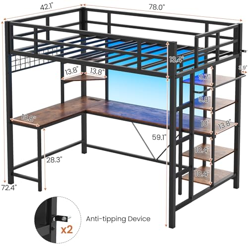 MSmask Loft Bed Twin Size with L Shaped Desk, LED Lights, Charging Station, Heavy Duty Metal Loft Bed Frame with 6 Storage Shelves