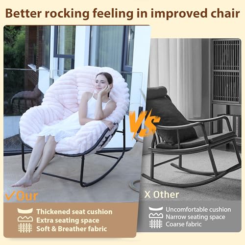 Outdoor Indoor Rocking Chair, Patio Wicker Egg Chair, Indoor & Outdoor Comfy Oversized Papasan Chair with Padded Cushion