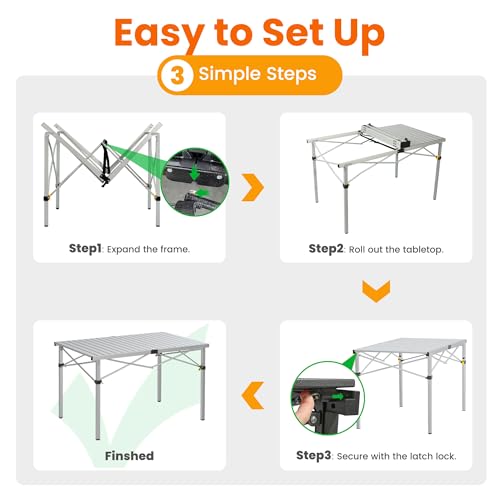 Portable Outdoor Camping Table Large for 2-6 Person - Foldable Camp Table with Aluminum Roll-Up Top & Carry Bag for BBQ, Tailgating, Backyard