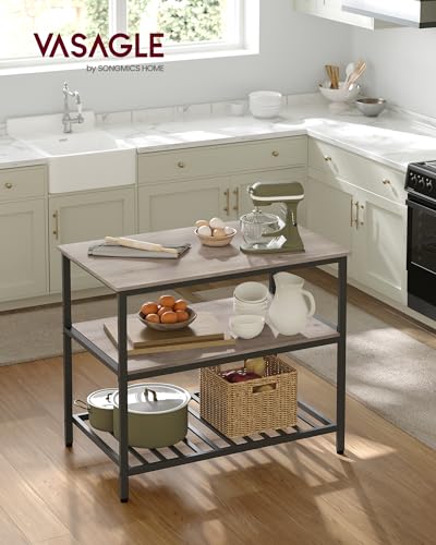 VASAGLE Kitchen Island with 3 Shelves, 47.2 Inches Width Kitchen Shelf with Large Worktop, Stable Steel Structure, Industrial, Easy to Assemble
