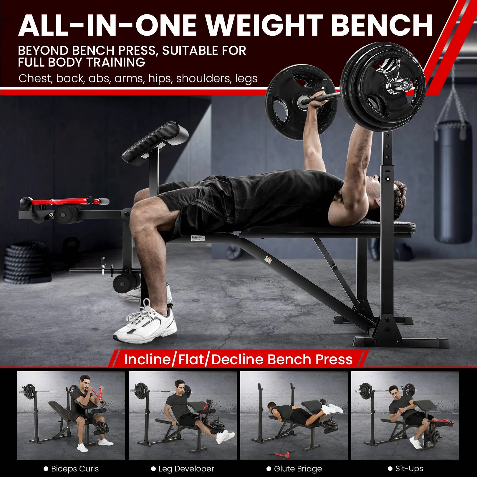 VIBESPARK Adjustable Weight Bench 900LBS Olympic Weight Bench Set with Barbell Rack, Preacher Curl