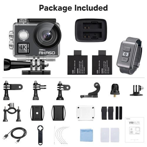 AKASO V50 Elite 4K60fps Action Camera with 128GB MicroSDXC U3 Memory Card Accessories Kit Bundle Voice Control EIS 131 feet Waterproof Camera 8X Zoom