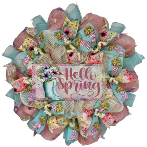 Hello Spring Floral Rain boots Pastel Wreath Handmade Deco Mesh Available in 24 inch and 28 inch diameters