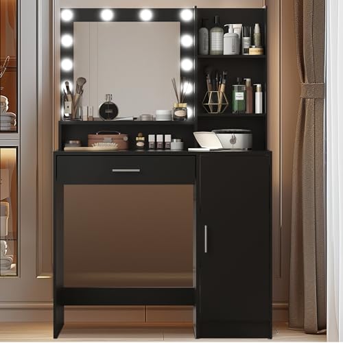 Vanity Desk with Mirror and Light, Large Drawer and Three Level Storage Dresser, 3 Lighting Modes Adjustable Brightness