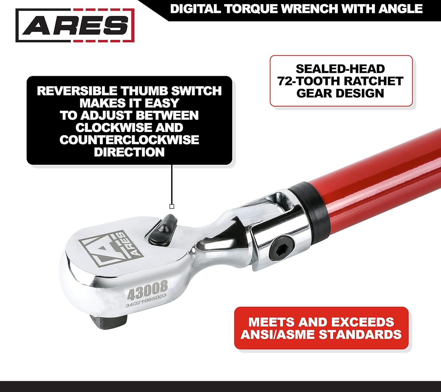 ARES 43008 - 1/2-Inch Drive Flex Head Electronic Digital Torque and Torque Angle Wrench - 25-250 ft/lbs (34-340Nm) - +/- 2% Accuracy