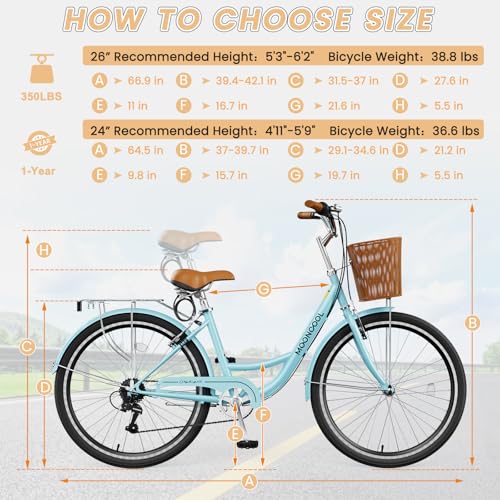 MOONCOOL Womens Bike 7 Speed, 24 26 inch Beach Cruiser Bikes for Women, Step Through Adult Bicycle with Front Basket for City Commuting