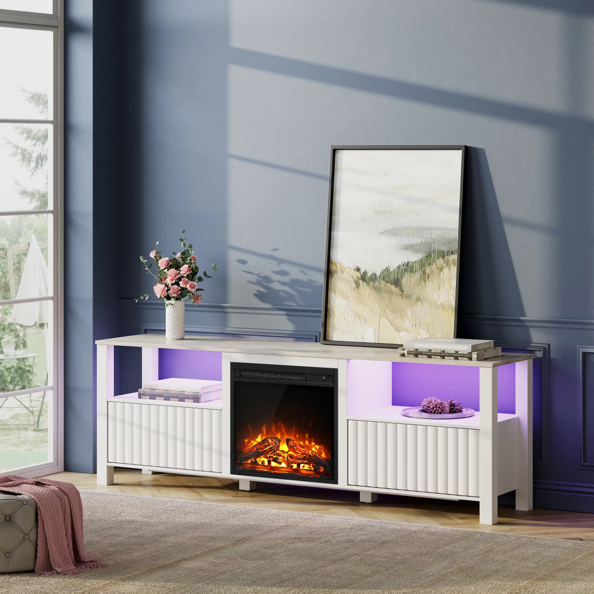 Fireplace TV Stand for TVs up to 80 Inch, Wood Entertainment Center for 75 inch TV with Electric Fireplace for Living Room Bedroom, 70 inch, White