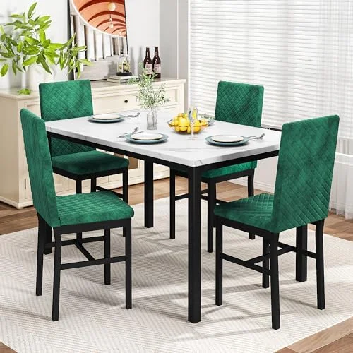 RUNFAYBIU Dining Table Set for 4 Kitchen Table and Chairs Set of 4 Faux Marble Dining Room Table Set Dinner Table with 4 Velvet Upholstered Dining