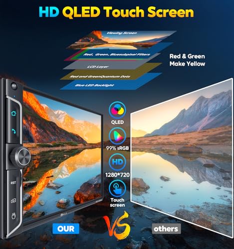 PLZ 7" Wireless Double Din Car Stereo Apple Car Play Radio Carplay Android Auto QLED Touch Screen, Bluetooth 5.3 Audio Receivers, 1080P Backup Camera