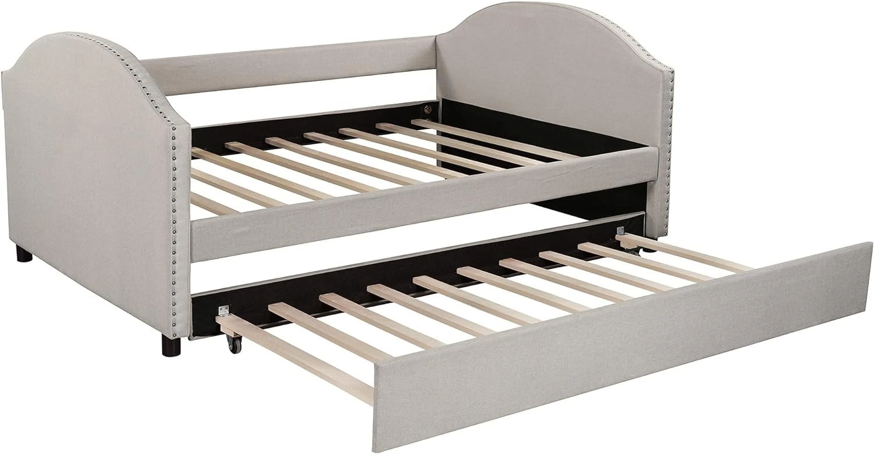 Upholstered  Daybed With Size Trundle, Full Size Sofa Bed With Rivets Décor, Wood Slat Support Daybed For Family, Kids, Teens, No Box Spring Needed
