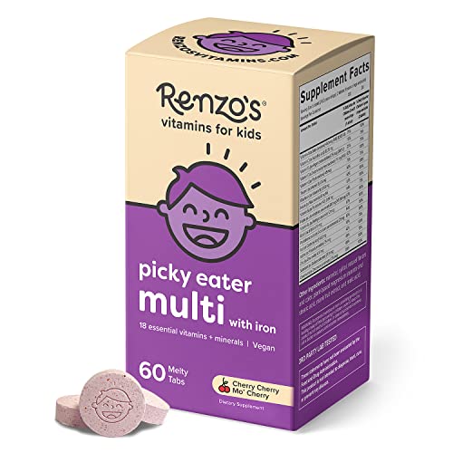 Renzo's Picky Eater Kids Multivitamin with Iron, Dissolvable Multivitamin for Kids, Sugar Free Cherry Flavored (60 Melty Tabs) - Kansas Nuitrition