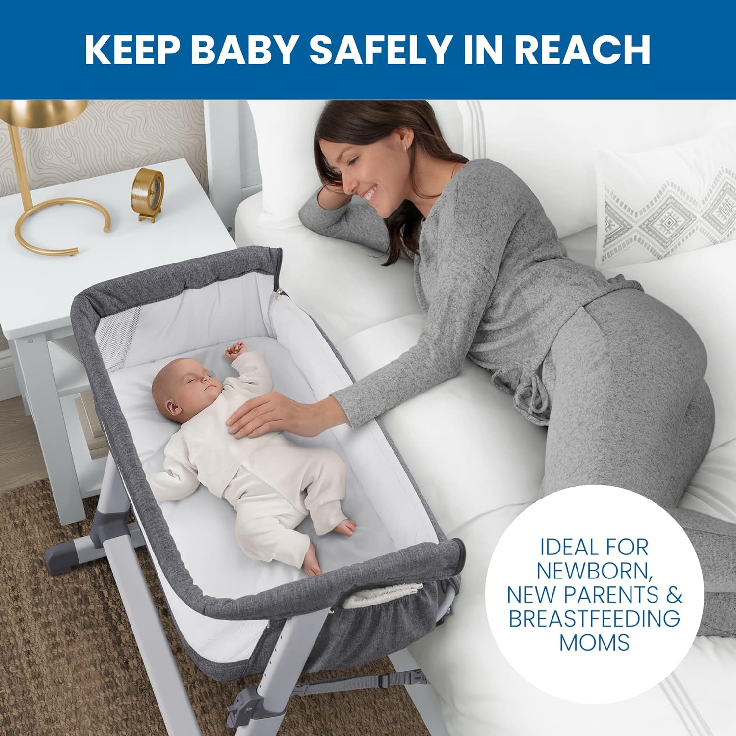 Delta Children Simmons Kids Dream Bedside Bassinet with Zip-Down Side Wall – Convenient Baby Sleeper with Breathable Mesh and Adjustable Heights