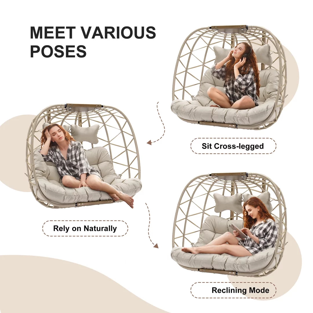 NICESOUL Beige Double Egg Chair With Stand, Wicker Luxury Patio Loveseat For Two Persons, 500 lbs Max weight - Radiant Selections