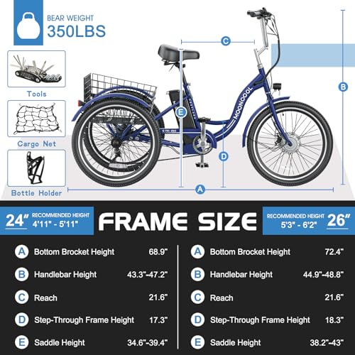 MOONCOOL Electric Tricycle Trike for Adults 350W 36V Removable Battery 24/26 Inches 7 Speeds 3 Wheels Electric Bikes Bicycle for Adults
