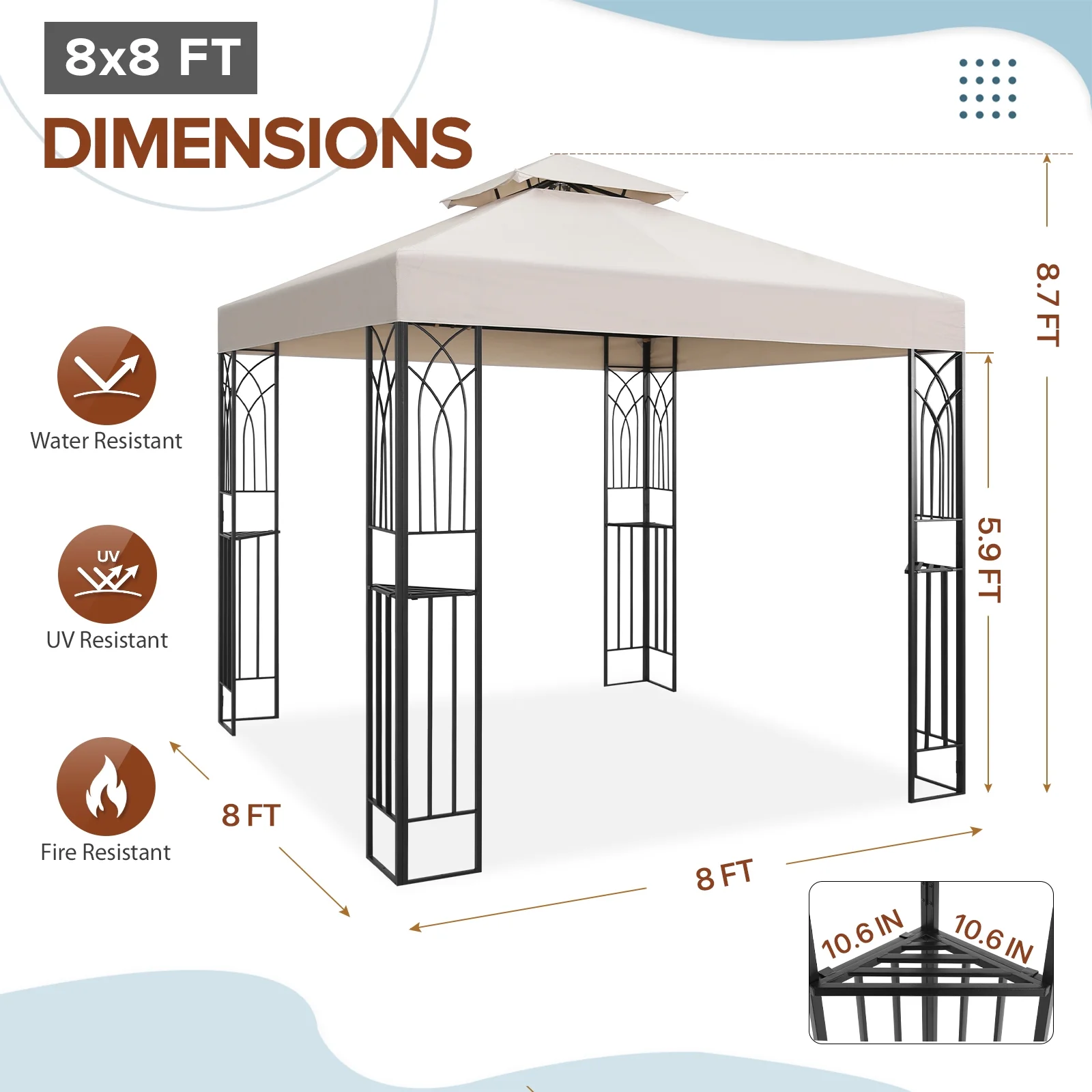 EAGLE PEAK 8 ft. x 8 ft. Outdoor Patio Gazebo with Double Roof,Beige