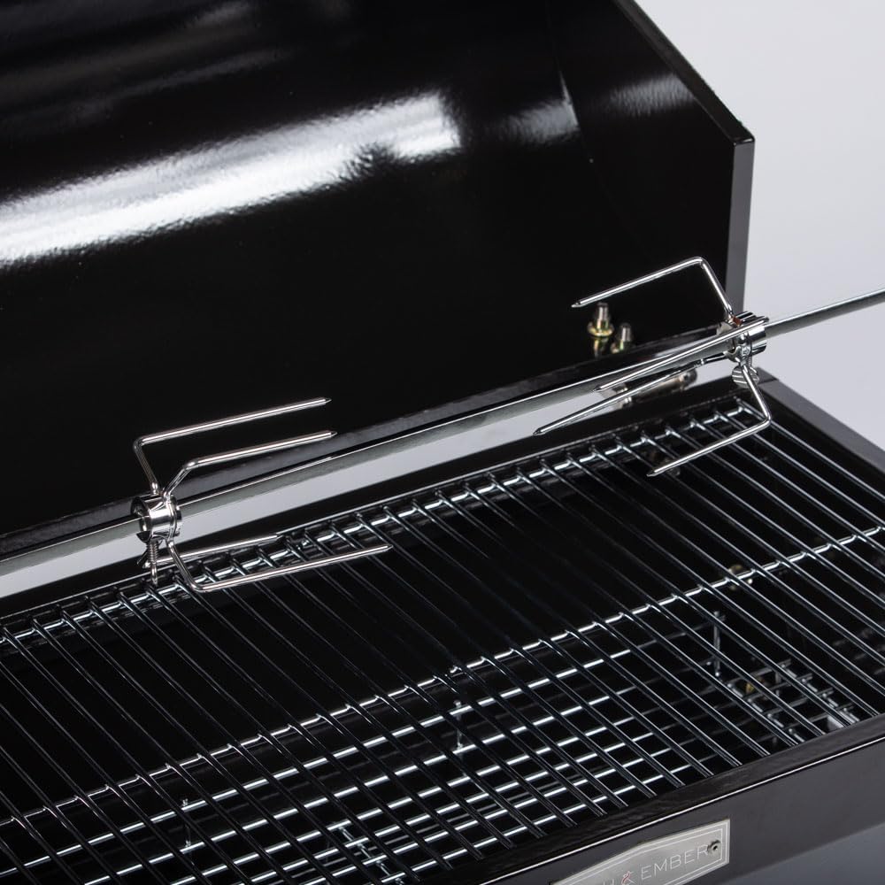Ash & Ember 4W Rotisserie Spit Roaster Grill, Rated 33 LB, Horizontal Adjustable Spit Rod for Outdoor Charcoal BBQ with Hood, Roast Chicken, Lamb