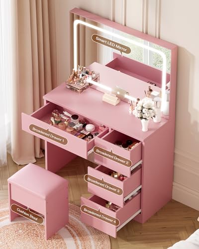 Vanity Desk with LED Mirror, Makeup Vanity with Drawer and Cushion Stool, Dressing Table for Bedrrom, White