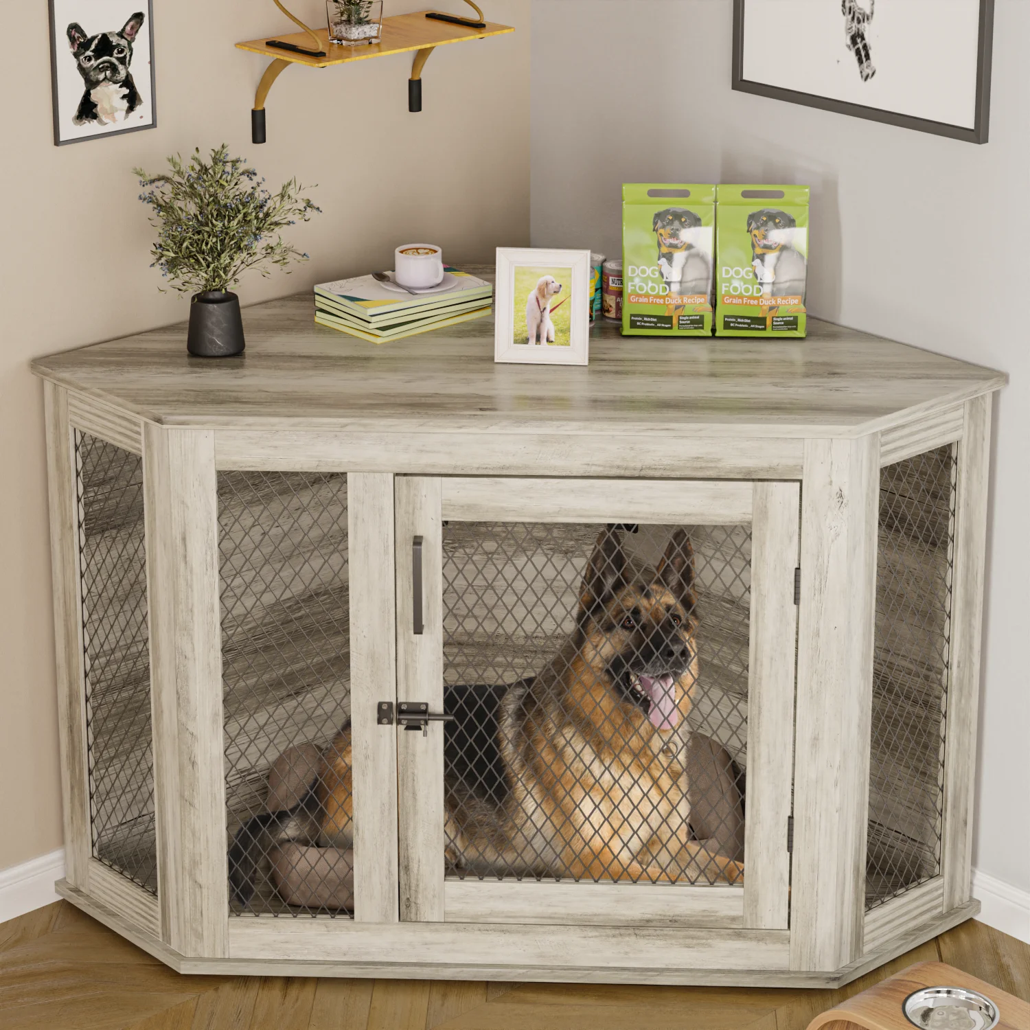 Bossin 44"Corner Dog Crate Furniture，Wooden Dog Kennel Indoor Furniture，Decorative Dog Crate