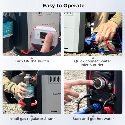 CAMPLUX Nano 3 Pro, Battery Powered Portable Water Heater, 1 lb On-Demand Propane Camping Shower, On Ground Camp Water Heater & Shower Pump