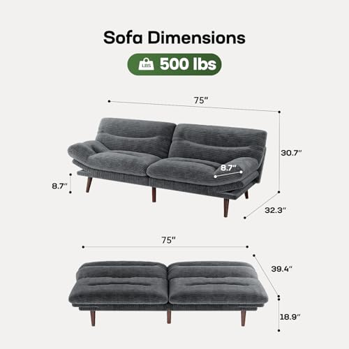 Marsail Futon Sofa Bed, Futon Couch with Adjustable Backrest & Armrests, Convertible Small Sleeper Sofa Bed for Small Apartments, Study Room, Office