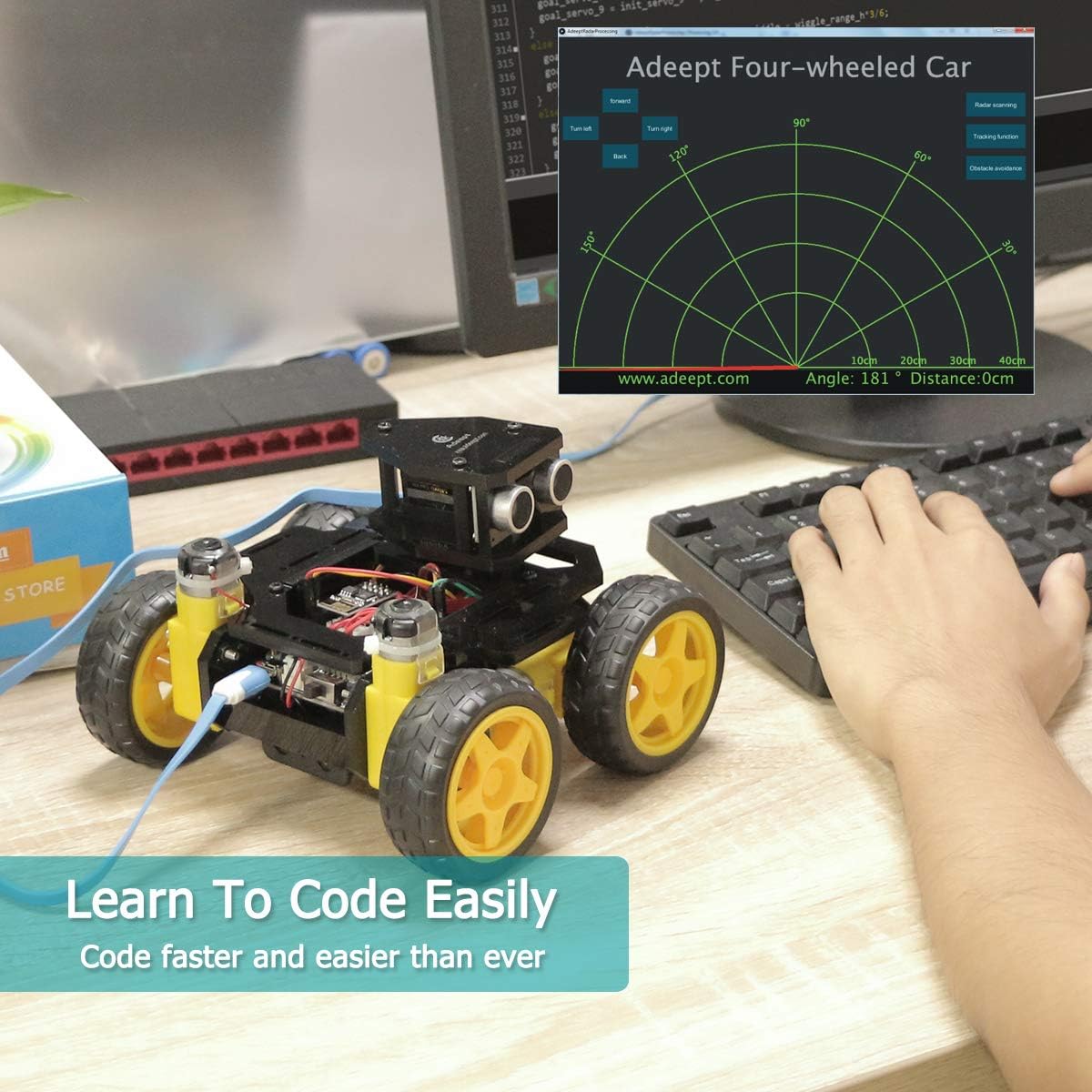 Adeept AWR-A 4WD Smart WiFi Robot Car Kit Compatible with Arduino UNO R3, Line Tracking, Ultrasonic Sensor, ESP8266 WiFi, Processing