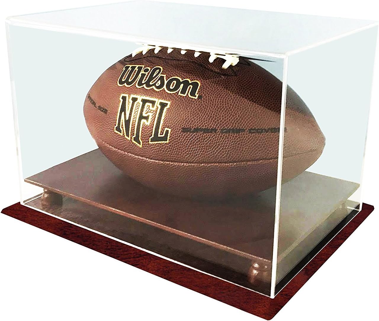 DECOMIL - UV Protection Football Display Case Holder, All 4 Sides Visible, Solid Wood Base - Cherry Finish