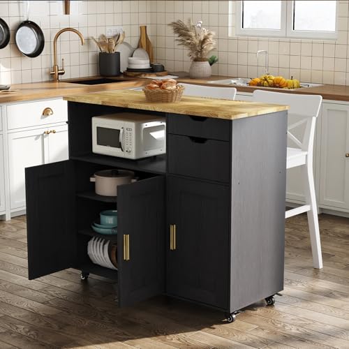 Rolling Mobile Kitchen Island Cart Bar with Drawer and Desktop Drop Leaf Countertop, Island Table Storage with 5 Wheels