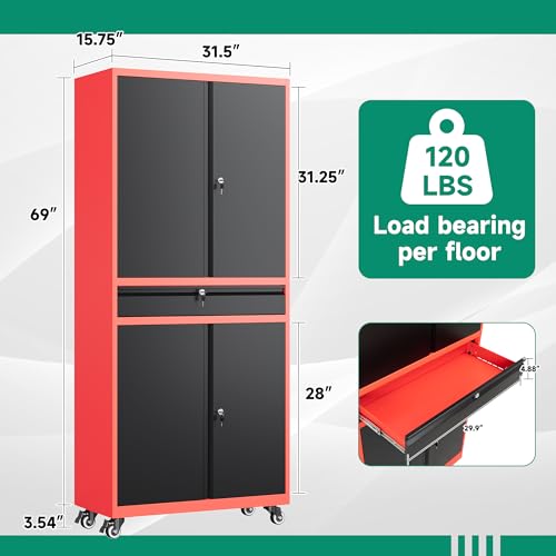 Letaya Metal Garage Storage Cabinet with Drawer,4 Door Tool Cabinet with Lock-2 Adjustable Shelves for Garage Home Office Utility Room (Black)
