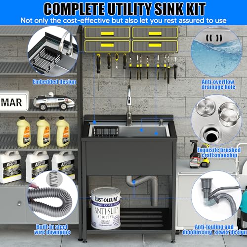 Stainless Steel Utility Sink, 36.6" × 24.2" × 36.6"Freestanding Sink with Cold and Hot Water Faucet,Hoses and Drain Kit for Kitchens, Bathrooms