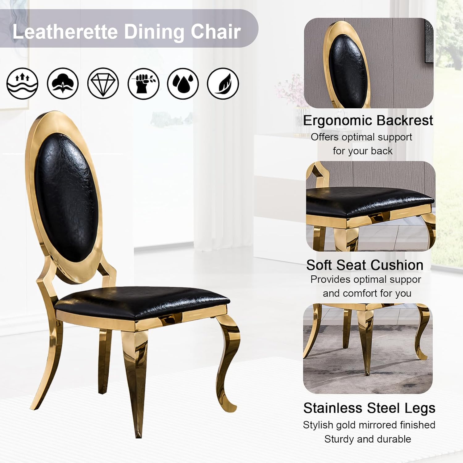 Modern Dining Room Table Set for 4, Marble Dining Table Set for 4, 70" White Gold Marble Dining Table with Oval Backrest Black Leather Chairs