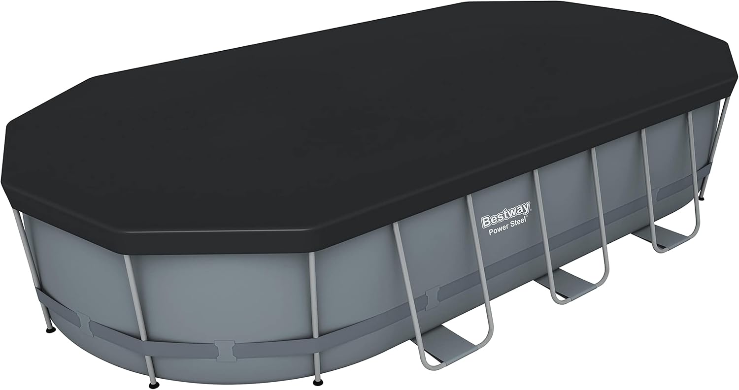 Bestway 56711E Power Steel 18' x 9' x 48 Outdoor Oval Frame Above Ground Swimming Pool Set with 1500 GPH Cartridge Filter Pump, Cover, & Ladder, Gray