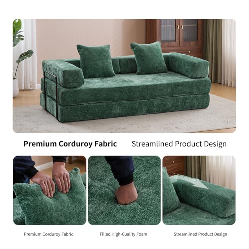 Convertible Sleeper Sofa Bed with Cylindrical Pillow, Corduroy Folding Mattress Couch with Fixed-Shape Frame