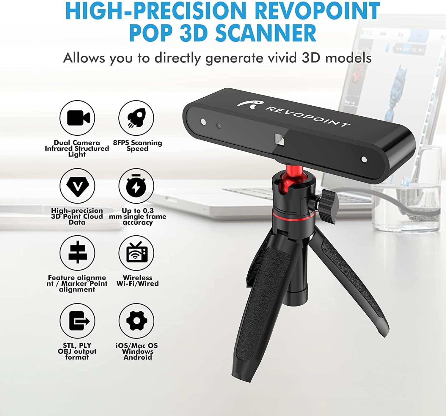 SUNWOW POP 3D Scanner, 0.3mm 8Fps 3D Printer Scanner with Tripod, Handheld and Fixed Scanning Modes for Human Face Body and Color Texture Scanning