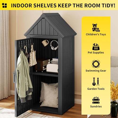 Outdoor Resin Storage Shed, Upgrade Durable Storage Cabinet with Removable Shelves and Lock Ring, Reinforced Floor