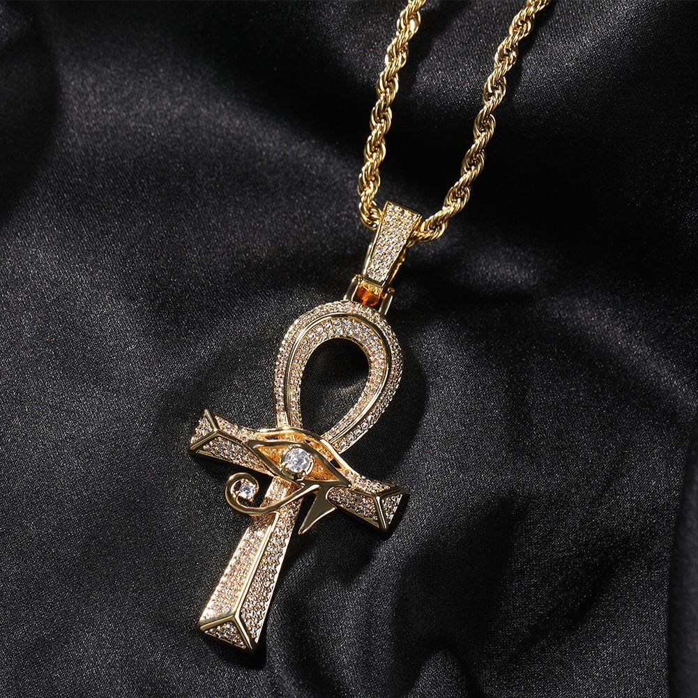 14K Gold Over Finish Simulated Diamond Iced out Bling Custom Eye Of Horus Egyptian Ankh Cross Charm Pendant Necklace, Free Rope Chain, Gift