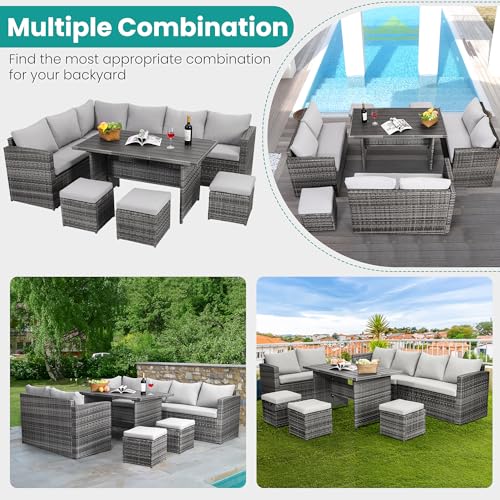 Patio Furniture Set, 7 Pieces Outdoor Patio Furniture with Dining Table&Chair, All Weather Wicker Conversation Set with Ottoman